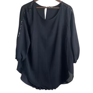 Cato Women Top 14/16 Black Sequin Trim Pleated Back Whimsigoth Fairy Girly Flowy